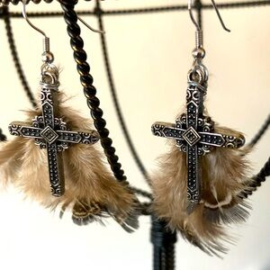 Silver Plated Cross Statement Earrings with Feathers Hand Crafted